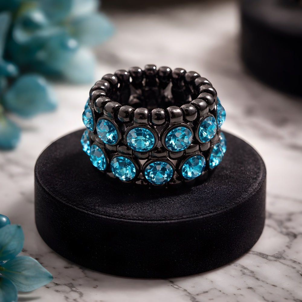 Gunmetal and Blue Crystal Stretchy Ring